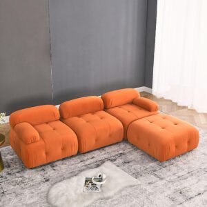 gnixuu modular sectional sofa, 93" convertible l-shaped couch for living room, modern button tufted cloud couches with comfy armrest, orange velvet