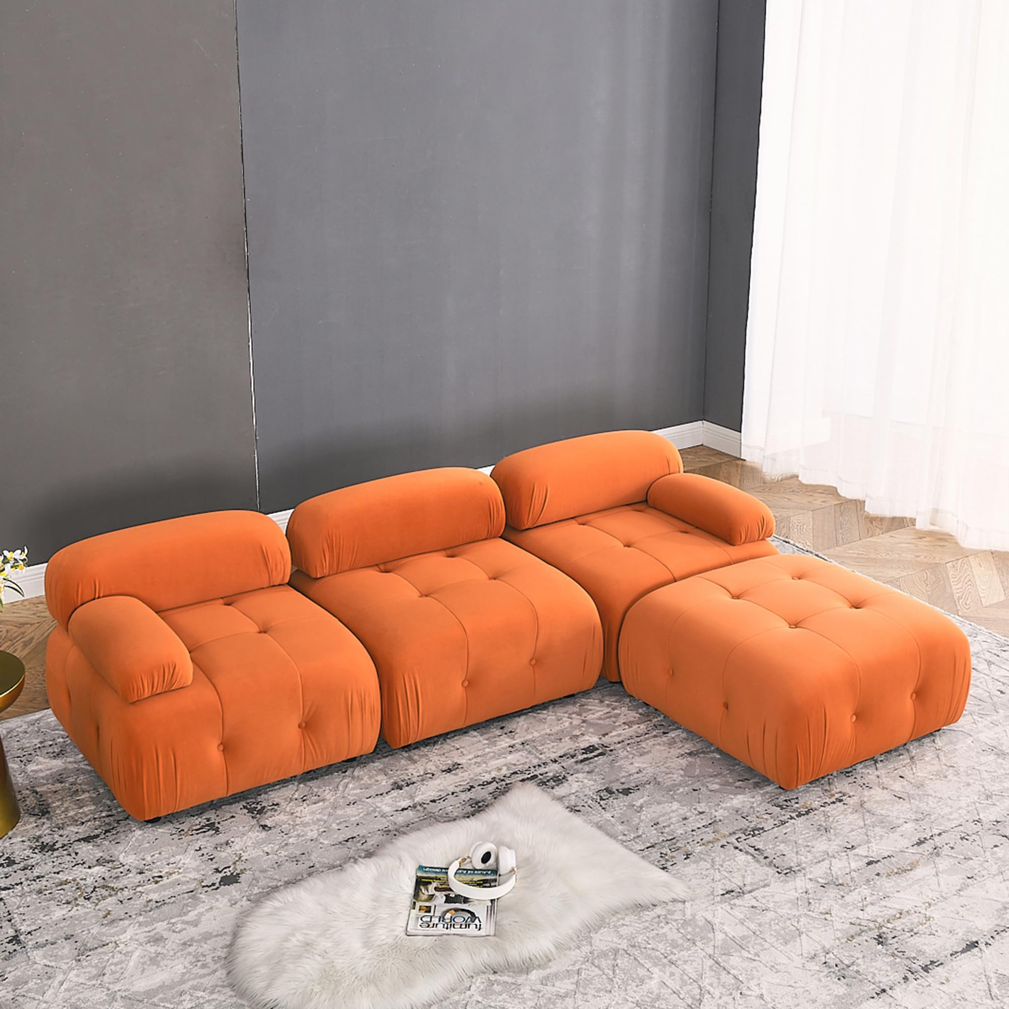 GNIXUU Modular Sectional Sofa, 93" Convertible L-Shaped Couch for Living Room, Modern Button Tufted Cloud Couches with Comfy Armrest, Orange Velvet