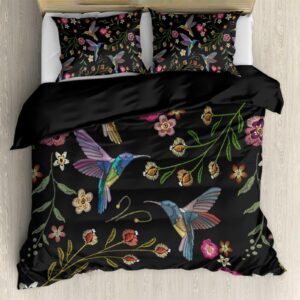 gearider hummingbirds floral pattern duvet cover set, embroider style soft bedding set with zipper closure for women men, black lining, size queen