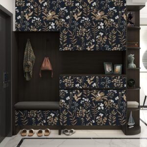 Abyssaly Black and Gold Peel and Stick Wallpaper Vintage, 17.7" x 118" Dark Floral Wallpaper Glod Leaf with White Flower Contact Paper for Wall Furniture Cabinet, Vinyl Self Adhesive Wall Paper