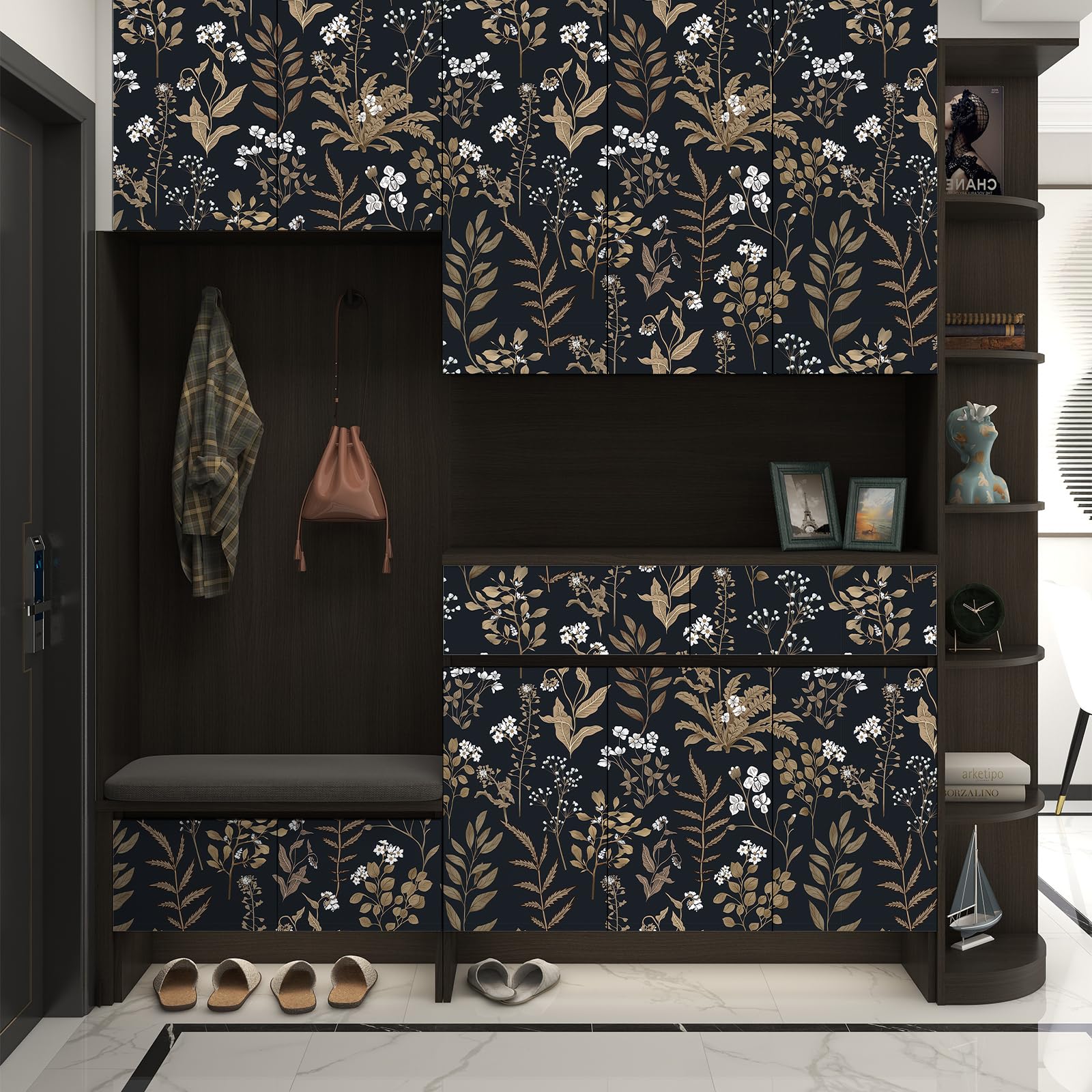 Abyssaly Black and Gold Peel and Stick Wallpaper Vintage, 17.7" x 118" Dark Floral Wallpaper Glod Leaf with White Flower Contact Paper for Wall Furniture Cabinet, Vinyl Self Adhesive Wall Paper