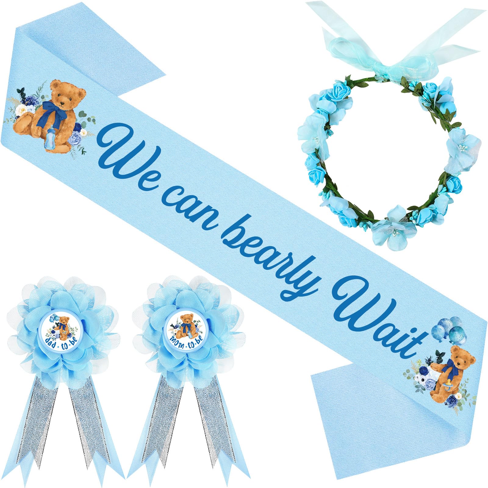 Capoda Bear Theme We Can Bearly Wait Baby Shower Decorations Mom to Be Sash Dad to Be Pin and Flower Crown Headband for Baby Shower Gender Reveal Party Sash for Boys and Girls Pregnancy Props Gifts