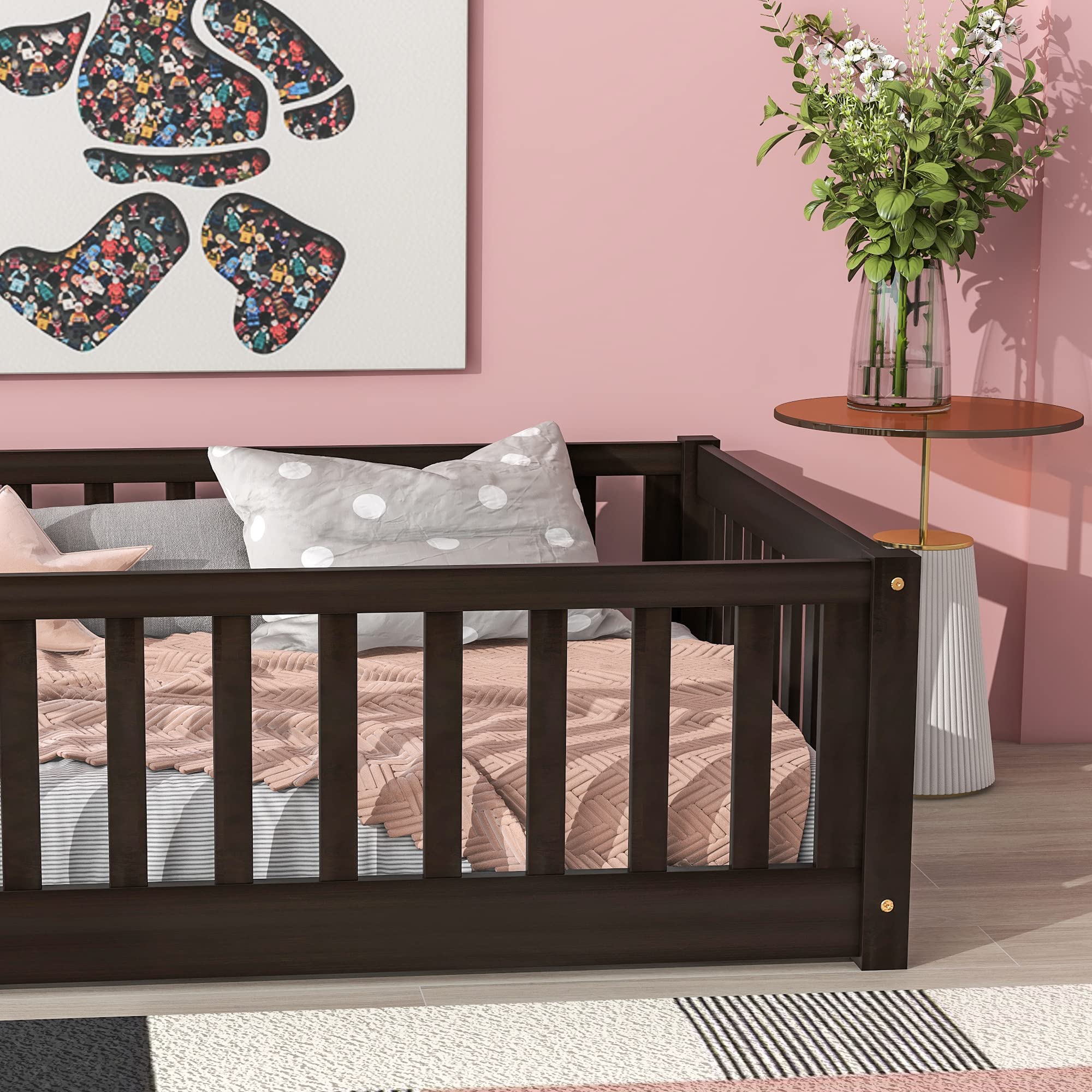 HomSof Twin Floor Platform Bed with Fence Without Door, Espresso