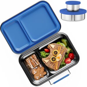 aohea stainless steel lunch box for kids, leak proof bento lunch box bpa free 304 stainless steel bento box stainless bento box with containers for school and office(blue)