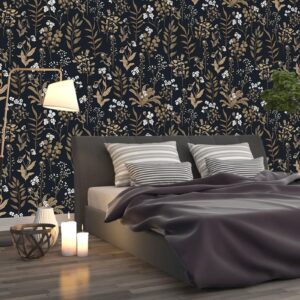 Abyssaly Black and Gold Peel and Stick Wallpaper Vintage, 17.7" x 118" Dark Floral Wallpaper Glod Leaf with White Flower Contact Paper for Wall Furniture Cabinet, Vinyl Self Adhesive Wall Paper