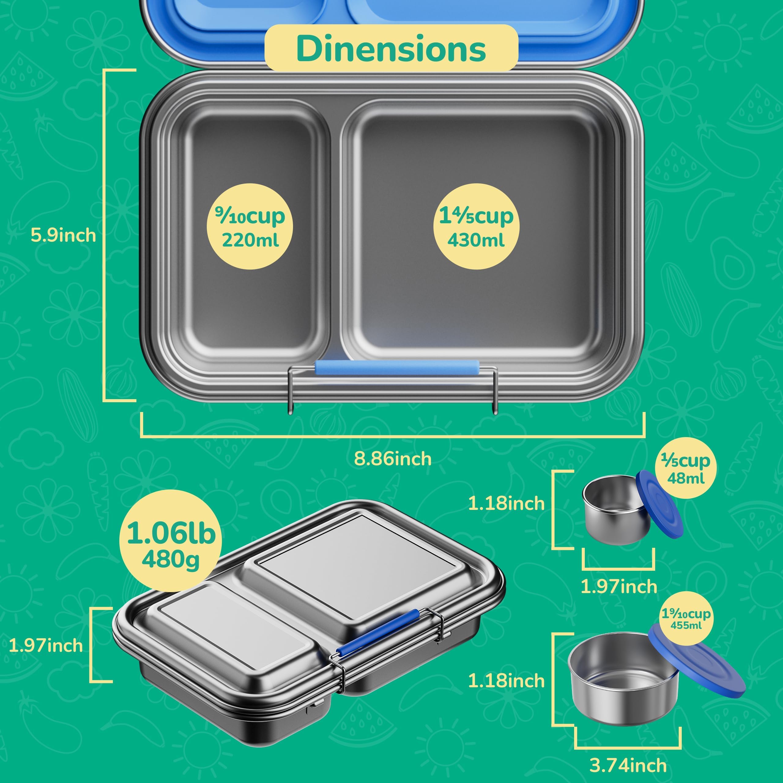 AOHEA Stainless Steel Lunch Box for Kids, Leak Proof Bento Lunch Box BPA Free 304 Stainless Steel Bento Box Stainless Bento Box with Containers for School and Office(Blue)