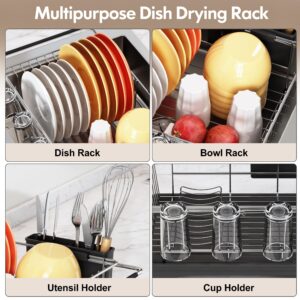 romision Sink Dish Drying Rack - Dish Drainers with Drainboard for Kitchen Counter, Use for Countertops & in-Sinks & Over-Sink, Stainless Steel Dish Dryer Racks with Utensil & Cup Holder, Silver