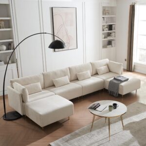 Lecut Sectional U-Shaped Couch 6 Seat Modular Sectionals Sofa Reversible Sectional Modular Sofa with Wide Chaise and 4 Pillows L-Shape Sectional Sofa for Living Room Bedroom Office 143”White