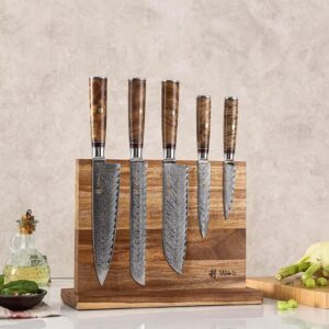 Wakoli Knife Block Sets, 5 Pieces Chef Knife Set with Block - Damascus Kitchen Knife Set with Magnetic Knife Block, Professional Kitchen Knife Block Set with Sycamore Wood Handles (Culinary Sycamore)