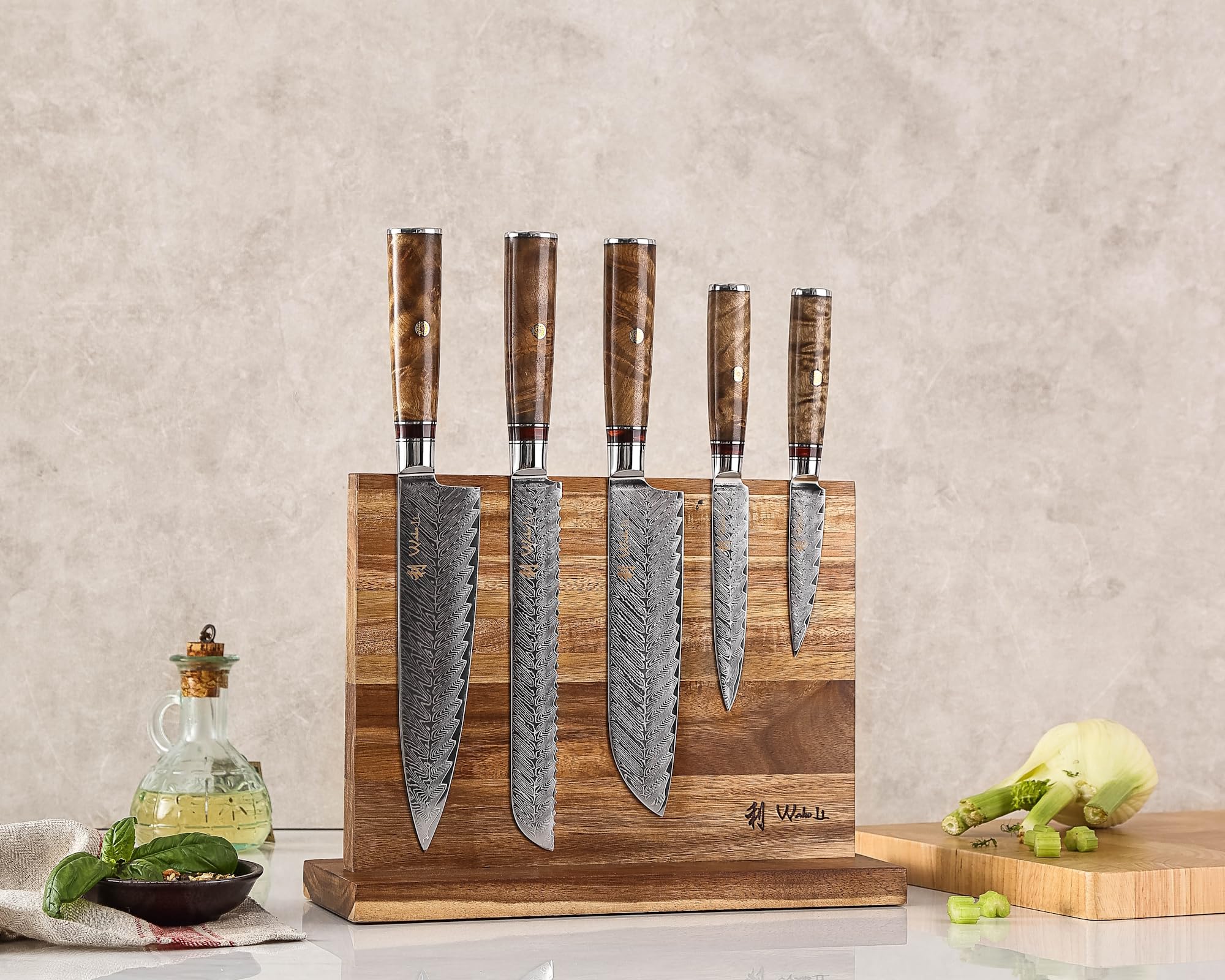 Wakoli Knife Block Sets, 5 Pieces Chef Knife Set with Block - Damascus Kitchen Knife Set with Magnetic Knife Block, Professional Kitchen Knife Block Set with Sycamore Wood Handles (Culinary Sycamore)