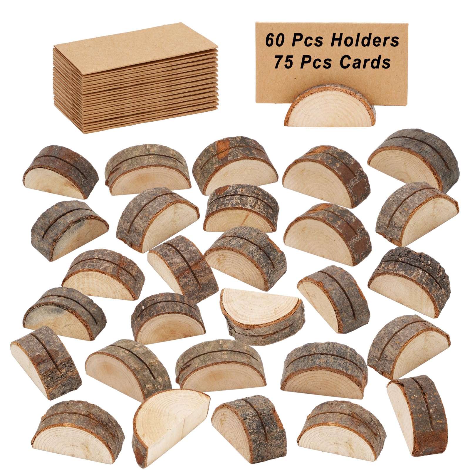 Whaline 60Pcs Wood Place Card Holders with 75Pcs Kraft Tented Cards Rustic Semicircle Table Number Holders Name Cards with Stands Picture Holders for Wedding Party Table Sign Supplies