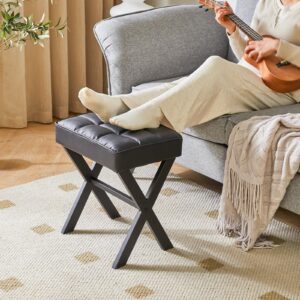 IBUYKE Square Makeup Stool with X-Leg Foot Rest, PU Footrest Stool, Ottoman Seat Vanity Stool, Multi-Use as Small Side Table, for Bedroom, Living Room, Black LG-71B