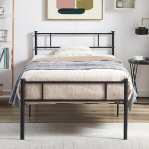 vecelo twin platform bed frame with headboard and footboard, 12'' under-bed storage & strong metal slats support, no box spring needed