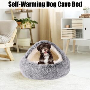 HYQ Small Dog Bed with Cover Cave, Cozy Cat Cave Bed, Round Puppy Bed with Hooded Cover, Cat Beds for Indoor Cats Washable, Dog Beds for Small Dogs with Anti-Slip Bottom (Grey, 20×20 Inch)