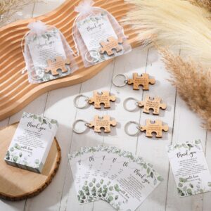 Sintuff 100 Sets Wedding Favors for Guests Rustic Wood Puzzle Keychain Thank You Card Organza Bag Wedding Party Bridal Shower Souvenir (Natural Wood)