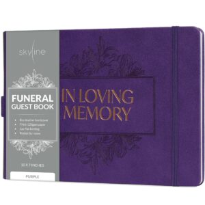 skyline funeral guest book for memorial service – in loving memory guest sign in book for funerals – 610 entries, 10x7″ (purple)