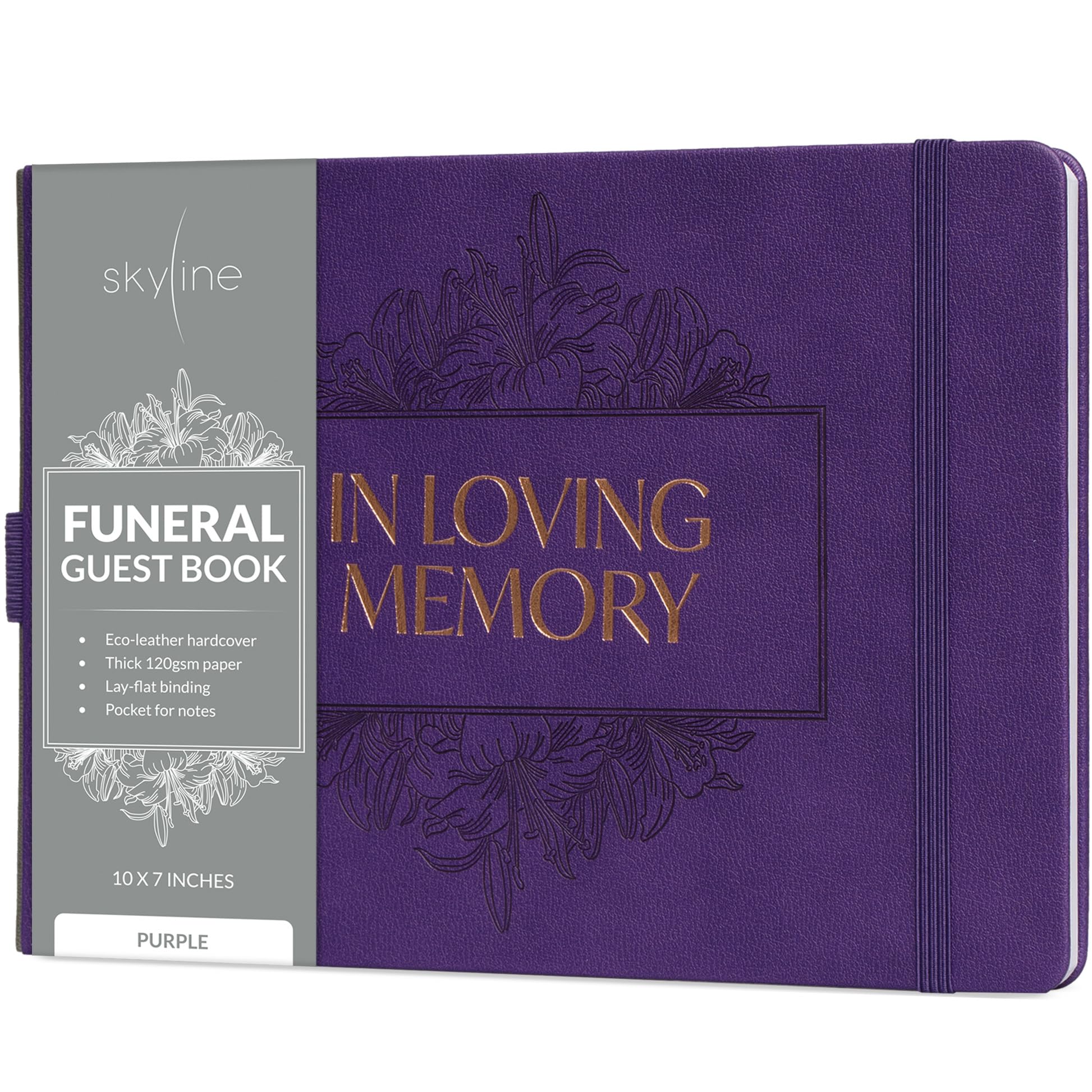 Skyline Funeral Guest Book for Memorial Service – in Loving Memory Guest Sign in Book for Funerals – 610 Entries, 10x7″ (Purple)