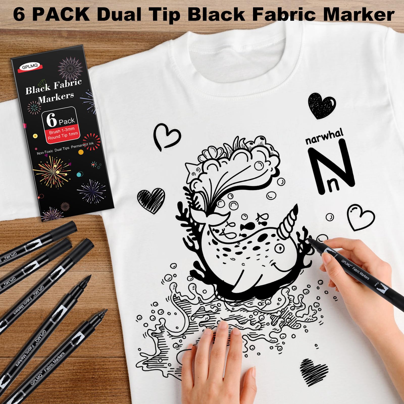 GPLMQ Black Fabric Markers - Dual Tips Fabric Marker Permanent for Clothes, Non-Toxic, No Fading, No Bleeding Fabric Paint Pens for Personalizing Shirts, Hats, Canvas and Textiles