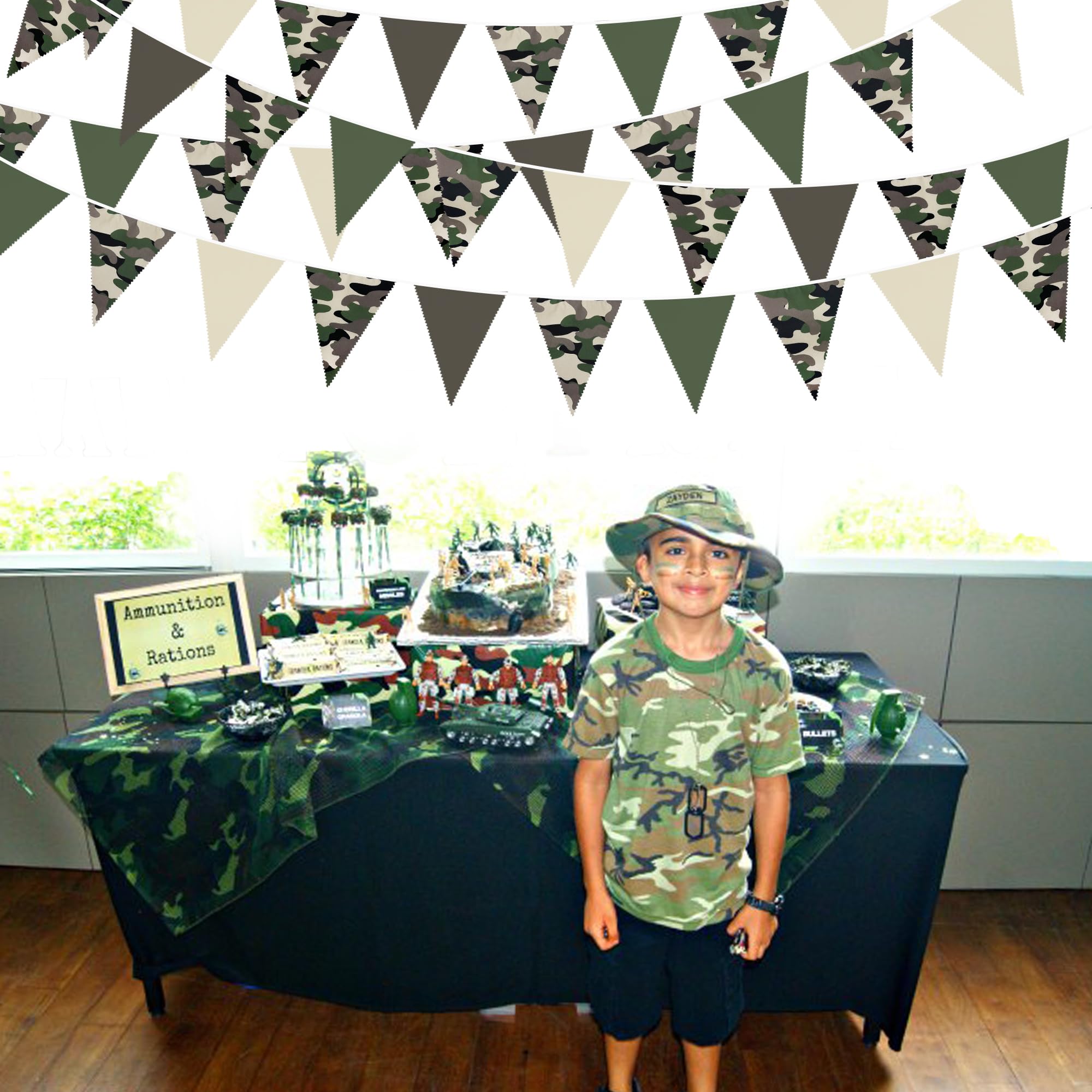 32Ft Camouflage Party Decorations Green Brown Camo Hero Pennant Banner Fabric Triangle Flag Bunting Garland Streamers for Military Soldier Army Tank Birthday Baby Shower Hunting Camping Party Decor