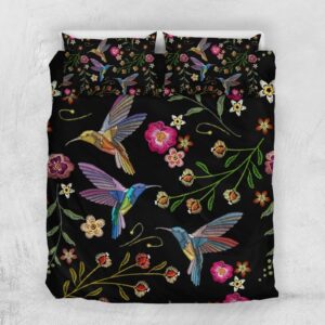 gearider Hummingbirds Floral Pattern Duvet Cover Set, Embroider Style Soft Bedding Set with Zipper Closure for Women Men, Black Lining, Size Queen