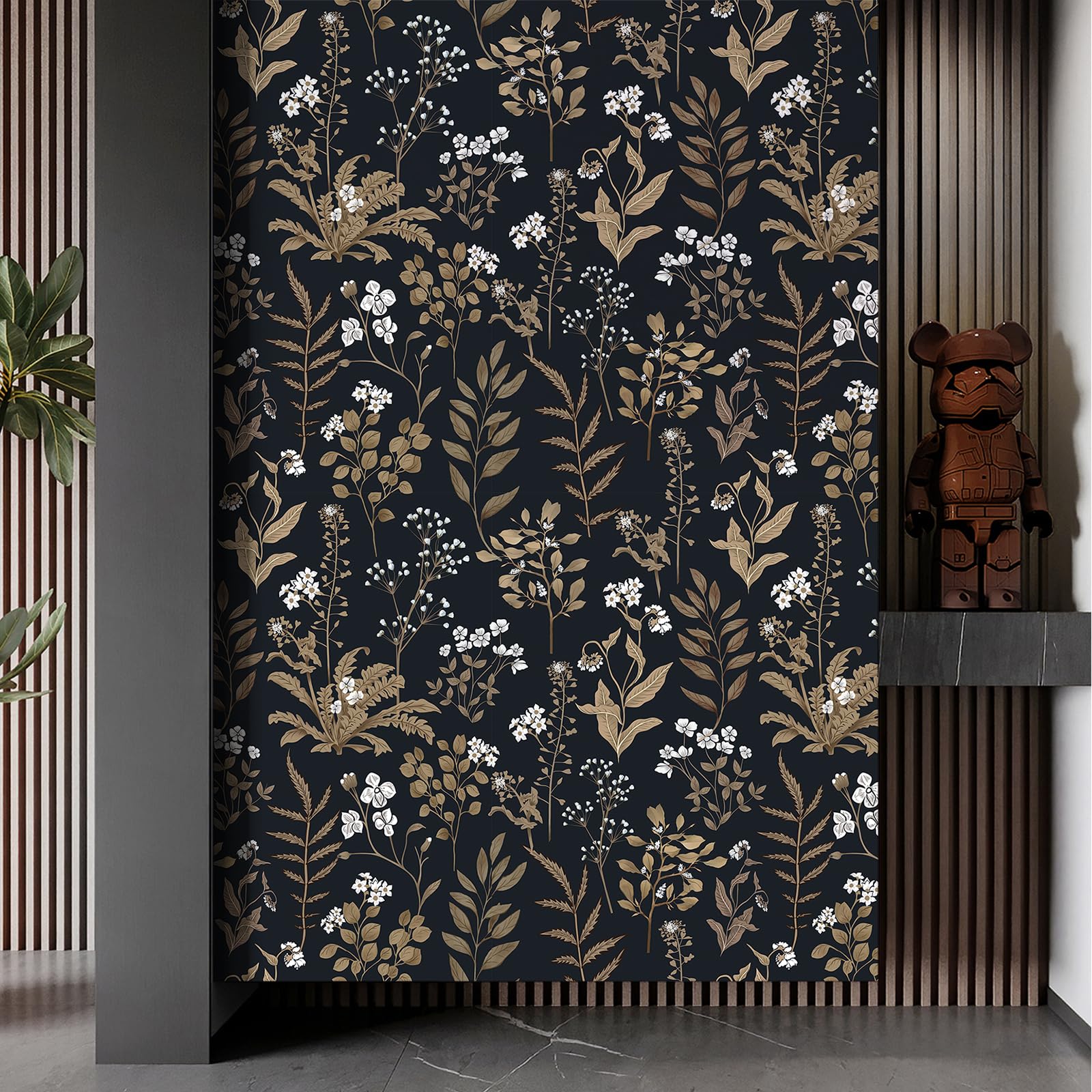 Abyssaly Black and Gold Peel and Stick Wallpaper Vintage, 17.7" x 118" Dark Floral Wallpaper Glod Leaf with White Flower Contact Paper for Wall Furniture Cabinet, Vinyl Self Adhesive Wall Paper