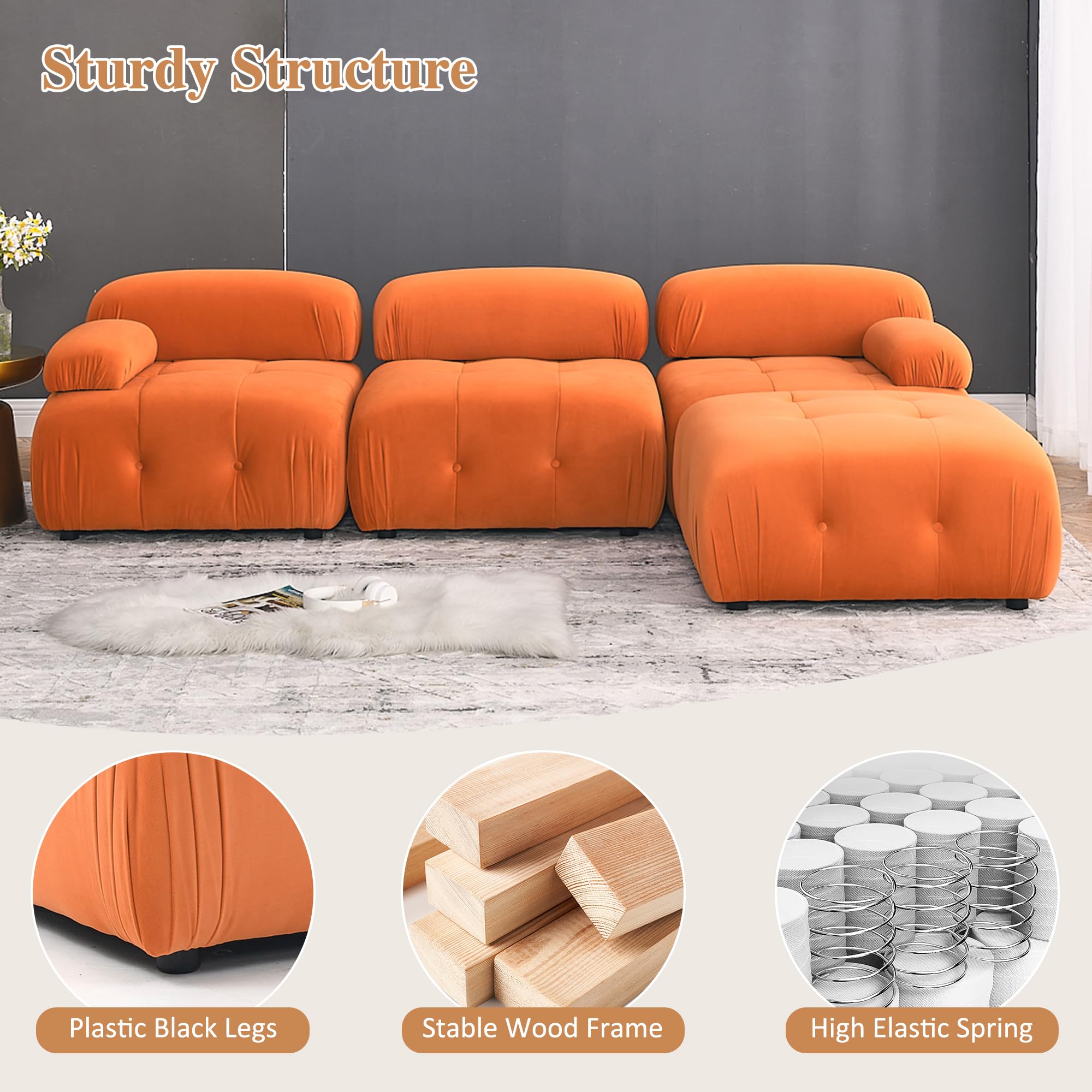 GNIXUU Modular Sectional Sofa, 93" Convertible L-Shaped Couch for Living Room, Modern Button Tufted Cloud Couches with Comfy Armrest, Orange Velvet