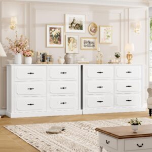 FINETONES White Dresser 6 Drawer, 47.2'' White Dresser Chest of Drawers, Farmhouse Wide Dresser White Chest of Drawers with Designed Drawer Surfaces, 6 Drawer Dresser Storage Organizer