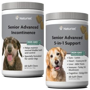 naturvet senior advanced incontinence dog supplement – helps support dog’s bladder control normal urination – 60 ct. soft chews - senior advanced 5-in-1 support dog supplement - 60 soft chews