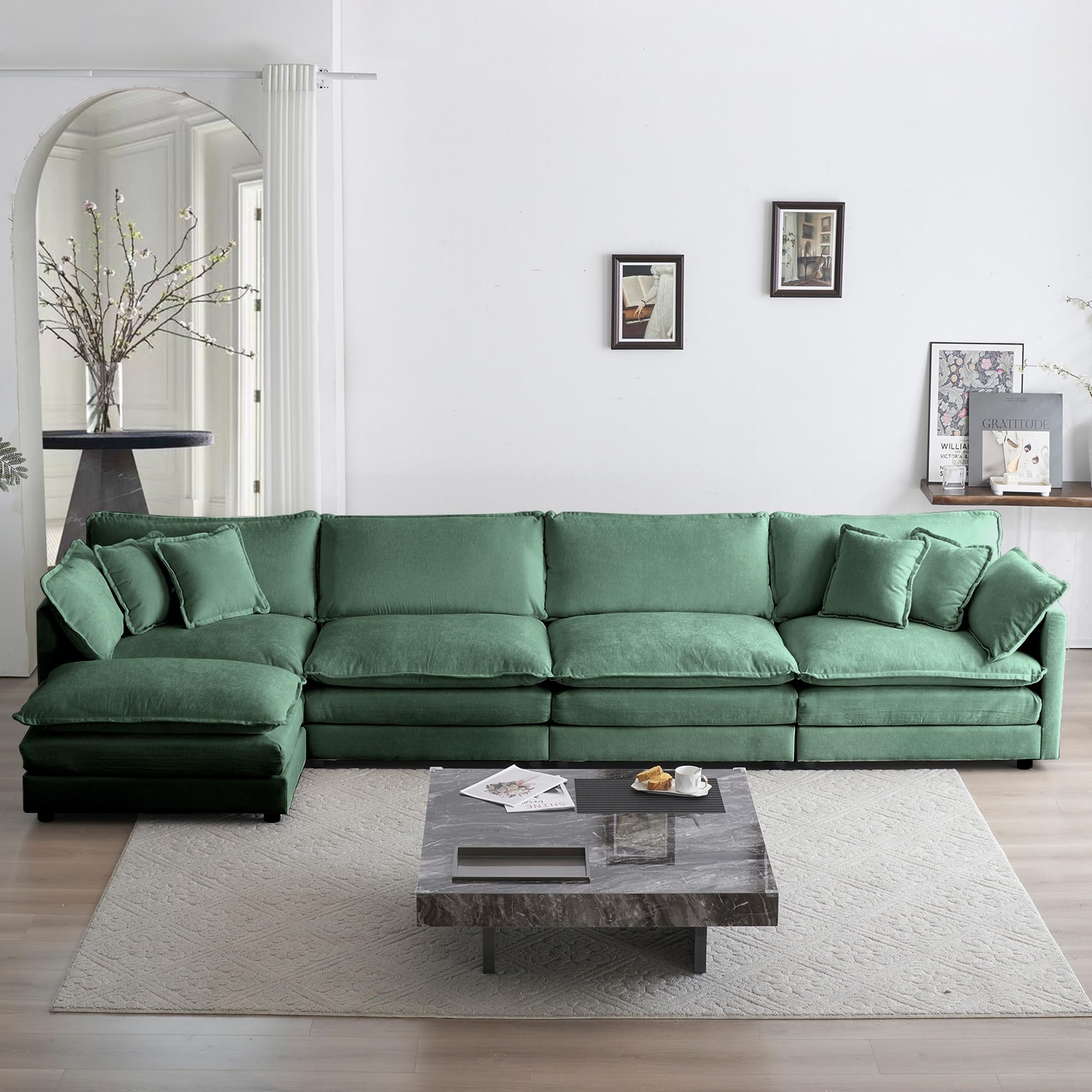 Suheww 146" Oversized L-Shaped Modular Sectional Sofa Couch for Living Room, Modern Soft Chenille Large Cloud Couch, Comfy 4-Seater Deep Seat with Chaise & Movable Ottoman (Green, L-Shaped 4 Seat)