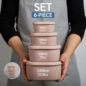 ISSEVE 6Pcs/Set Nesting Silicone Food Storage Containers with Lids, BPA Free Reusable Meal Prep Silicone Containers Lunch Box Bento Box Set (33.8oz, 20oz, 10oz, 6.7oz, 1.3oz) (Pink)