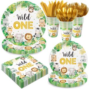 jungle safari baby shower decorations tableware set serves 24, animals paper plates, napkins, cups, cutlery for baby boy wild one birthday baby shower party supplies