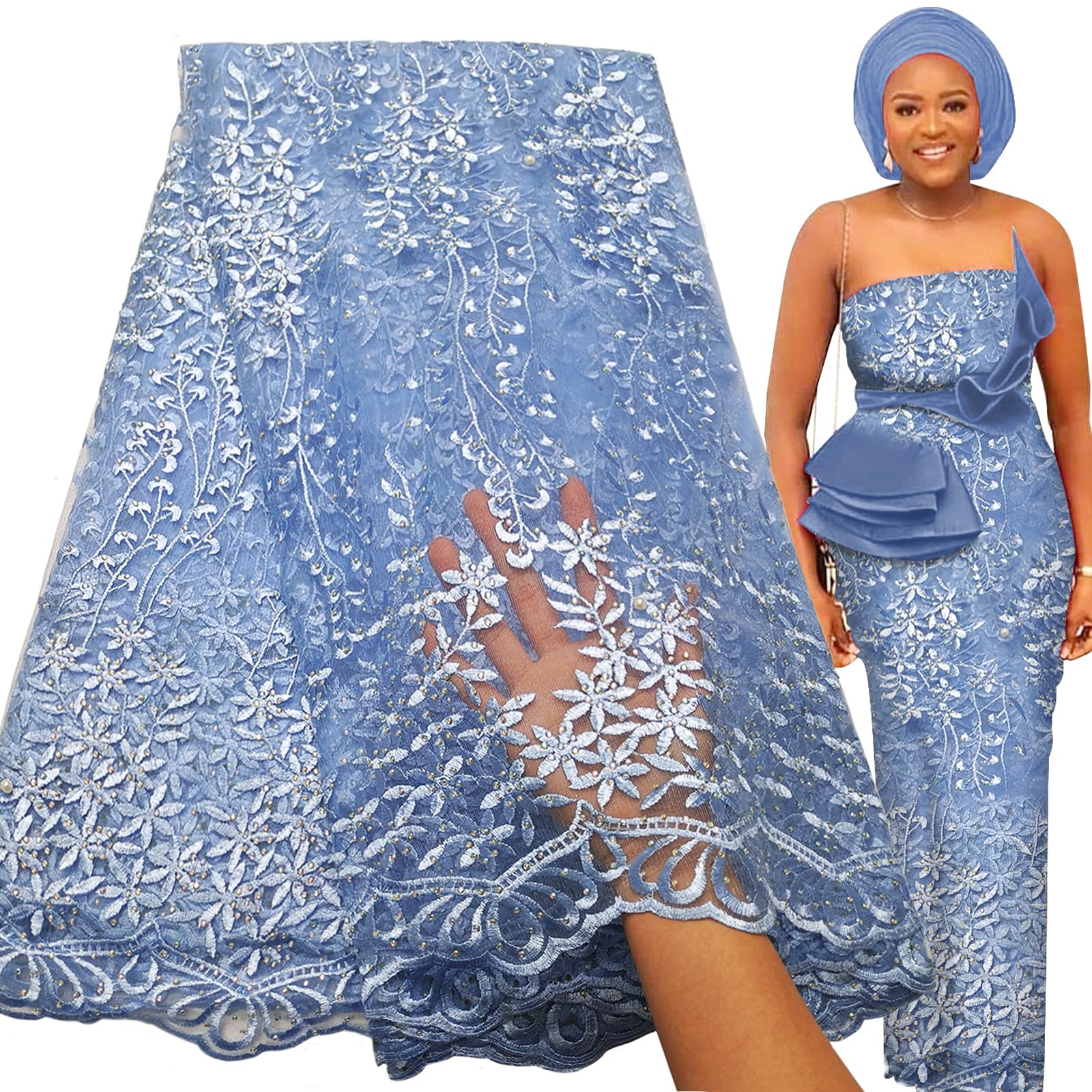 Bestway Rhinestones Embroidery French Tulle African Lace Fabric 5 Yards With Beads Soft Nigerian Wedding Party Asoebi Style Fabric(Sky Blue)