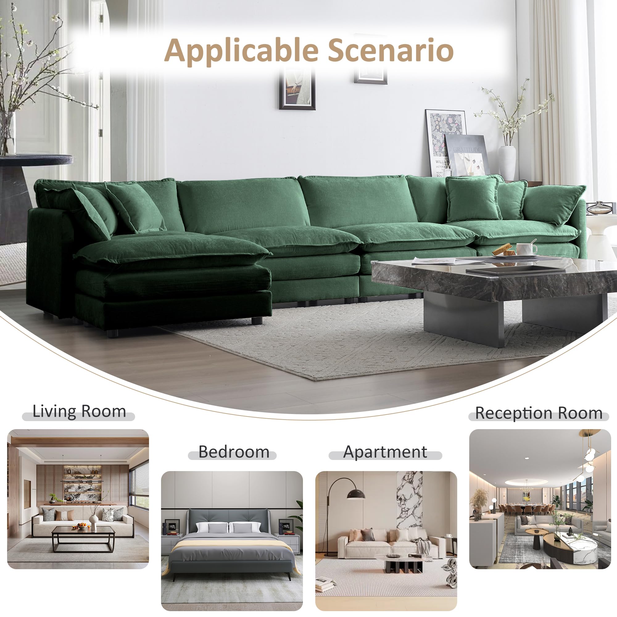 Suheww 146" Oversized L-Shaped Modular Sectional Sofa Couch for Living Room, Modern Soft Chenille Large Cloud Couch, Comfy 4-Seater Deep Seat with Chaise & Movable Ottoman (Green, L-Shaped 4 Seat)