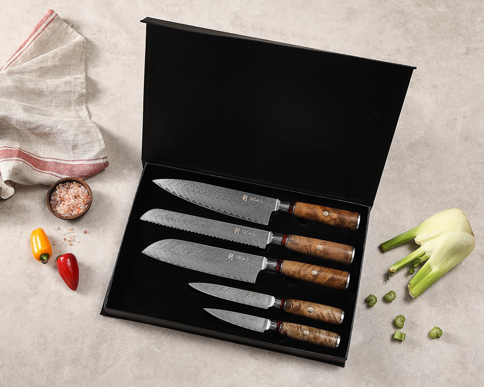 Wakoli Knife Block Sets, 5 Pieces Chef Knife Set with Block - Damascus Kitchen Knife Set with Magnetic Knife Block, Professional Kitchen Knife Block Set with Sycamore Wood Handles (Culinary Sycamore)