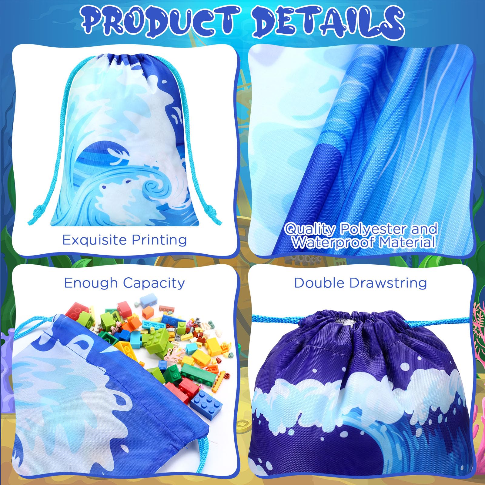 Capoda 16 Pcs Ocean Waves Gift Bags Bulk Sea Drawstring Bags Blue Beach Pool Reusable Treat candy favor Goodie Bags for Summer Swimming Birthday Party Decoration Shower Supplies