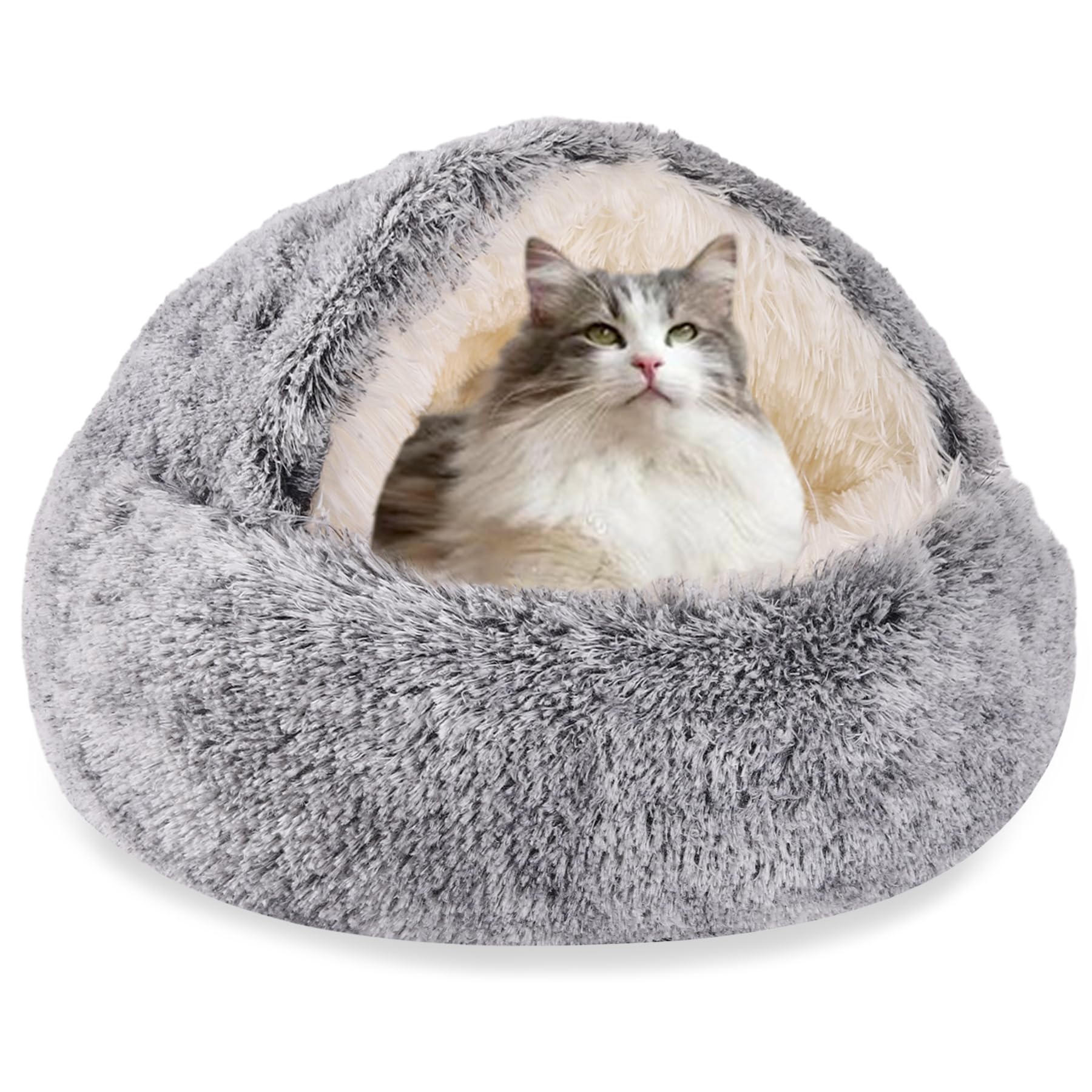 HYQ Small Dog Bed with Cover Cave, Cozy Cat Cave Bed, Round Puppy Bed with Hooded Cover, Cat Beds for Indoor Cats Washable, Dog Beds for Small Dogs with Anti-Slip Bottom (Grey, 20×20 Inch)