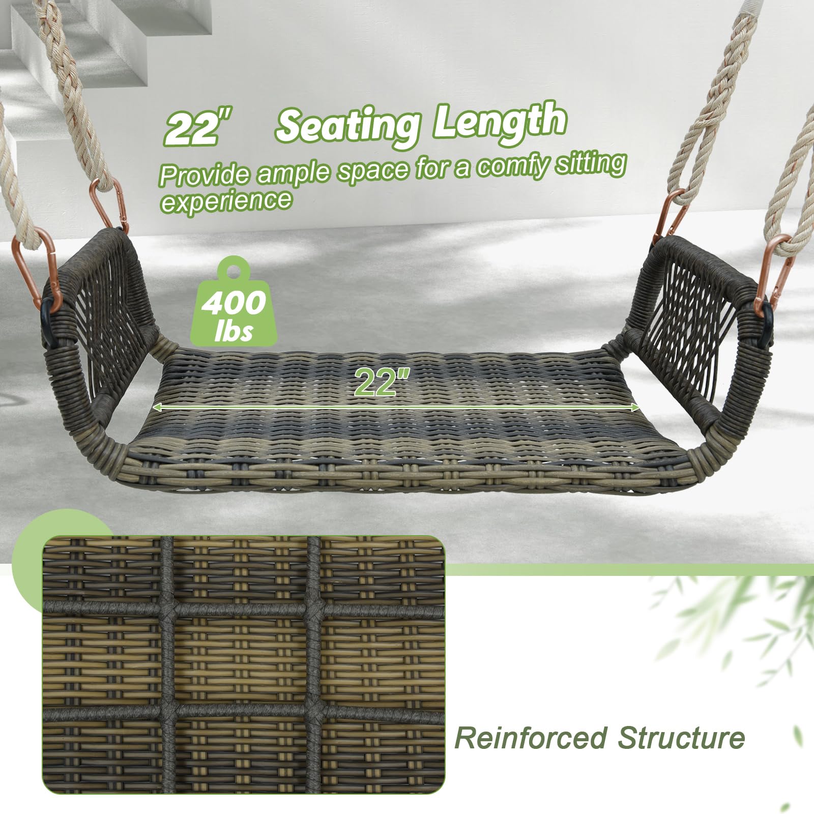 Tangkula 1-Person Rattan Porch Swing, Outdoor Single Swing Chair Bench with Hanging Hemp Ropes for Adults and Kids, Bench Swing for Porch, Yard, Balcony, Tree (Mix Brown)