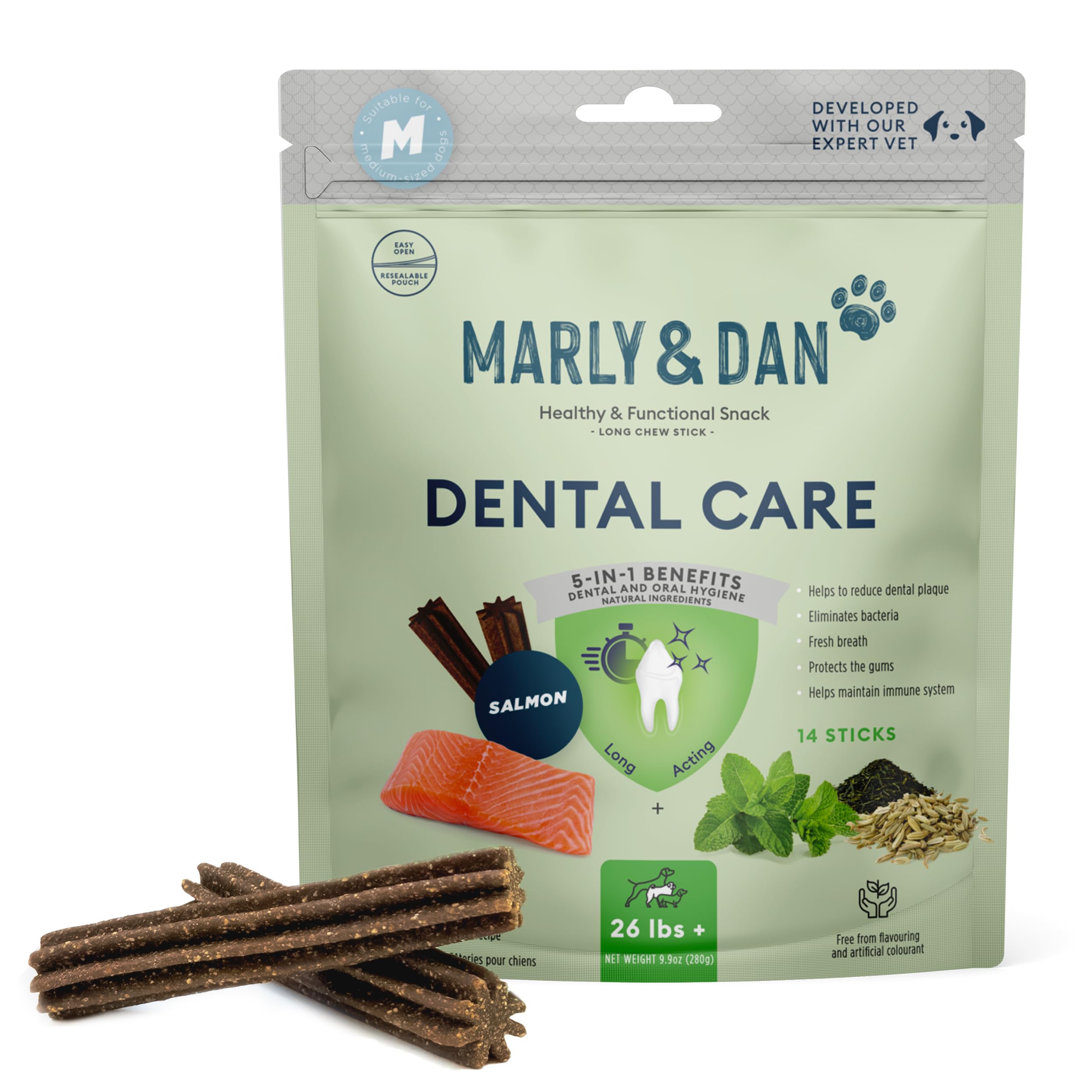 Marly & Dan Dental Care Chew Sticks, 5-in-1 Benefits for Dental and Immune System Health, Salmon, Peppermint & Green Tea, Chew Treats for Dogs (Dogs Over 25lbs)