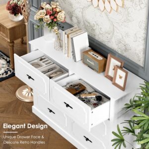 FINETONES White Dresser 6 Drawer, 47.2'' White Dresser Chest of Drawers, Farmhouse Wide Dresser White Chest of Drawers with Designed Drawer Surfaces, 6 Drawer Dresser Storage Organizer