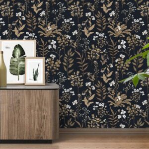 Abyssaly Black and Gold Peel and Stick Wallpaper Vintage, 17.7" x 118" Dark Floral Wallpaper Glod Leaf with White Flower Contact Paper for Wall Furniture Cabinet, Vinyl Self Adhesive Wall Paper