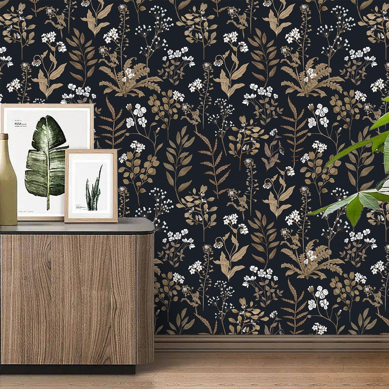 Abyssaly Black and Gold Peel and Stick Wallpaper Vintage, 17.7" x 118" Dark Floral Wallpaper Glod Leaf with White Flower Contact Paper for Wall Furniture Cabinet, Vinyl Self Adhesive Wall Paper