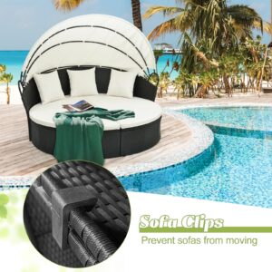 Tangkula Outdoor Patio Round Daybed with Retractable Canopy, Black Rattan Wicker Furniture Sectional Seating with Cushions and Throw Pillows, Seating Separates Cushioned Seats for Backyard (Off White)