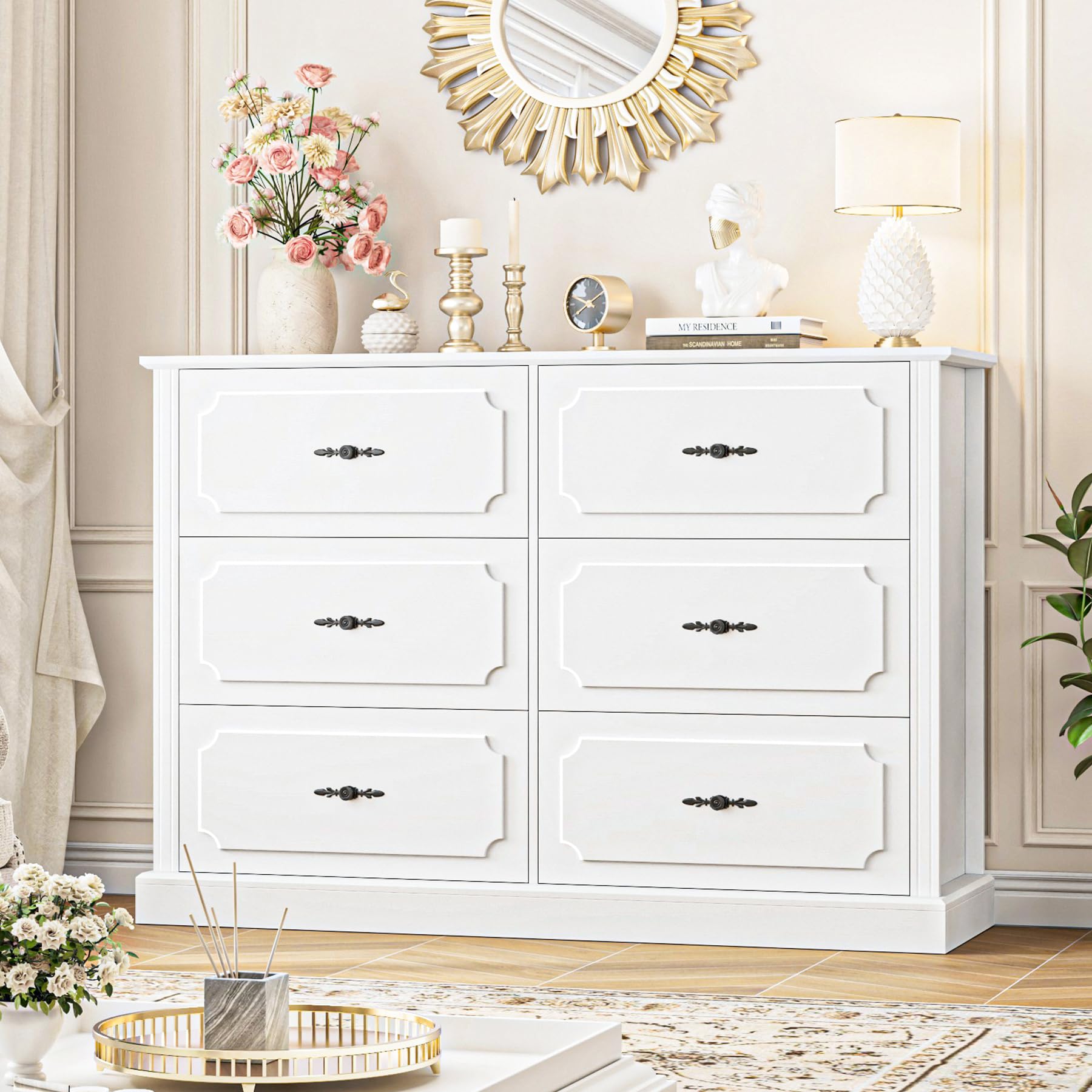 FINETONES White Dresser 6 Drawer, 47.2'' White Dresser Chest of Drawers, Farmhouse Wide Dresser White Chest of Drawers with Designed Drawer Surfaces, 6 Drawer Dresser Storage Organizer