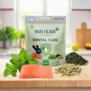 Marly & Dan Dental Care Chew Sticks, 5-in-1 Benefits for Dental and Immune System Health, Salmon, Peppermint & Green Tea, Chew Treats for Dogs (Dogs Over 25lbs)