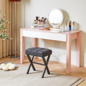 IBUYKE Square Makeup Stool with X-Leg Foot Rest, PU Footrest Stool, Ottoman Seat Vanity Stool, Multi-Use as Small Side Table, for Bedroom, Living Room, Black LG-71B