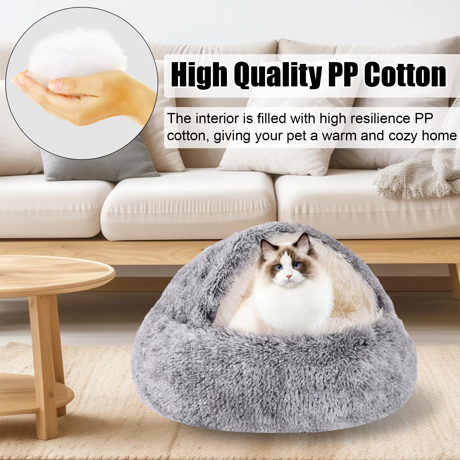 HYQ Small Dog Bed with Cover Cave, Cozy Cat Cave Bed, Round Puppy Bed with Hooded Cover, Cat Beds for Indoor Cats Washable, Dog Beds for Small Dogs with Anti-Slip Bottom (Grey, 20×20 Inch)