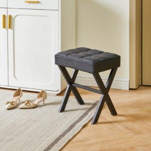 IBUYKE Square Makeup Stool with X-Leg Foot Rest, PU Footrest Stool, Ottoman Seat Vanity Stool, Multi-Use as Small Side Table, for Bedroom, Living Room, Black LG-71B