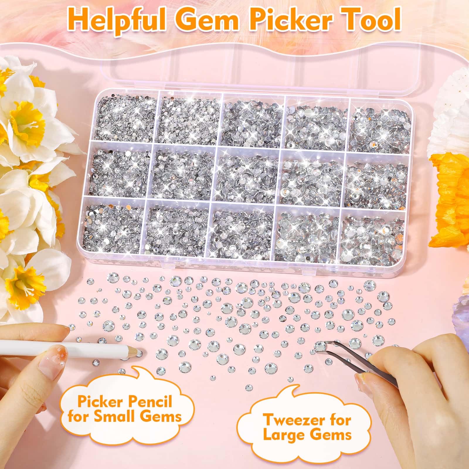 B-7000 Glue with 14000Pcs Craft Rhinestones for Clothes, Resin Silver Rhinestones Flatback Gems NonHotfix Rhinestone Bling Kit with Fabric Super Glue for Graduation Cap, Shoes, Tumblers, Makeup