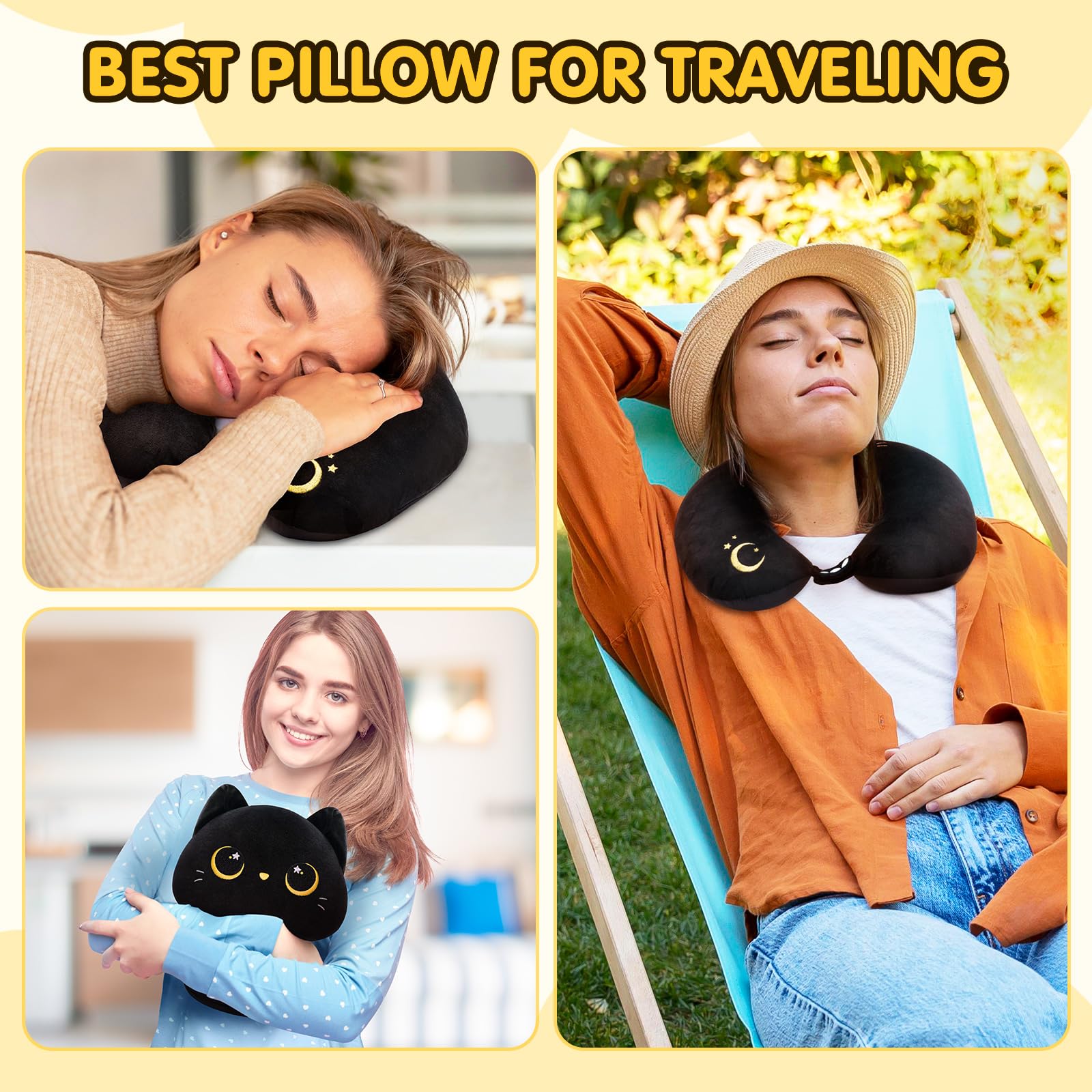 Kids Travel Pillow, 2 in 1 Deformable Kids Neck Pillow with U-Shaped Pillow & Cute Black Cat Animal Reversible Plush Toy for Airplane, Car, Train