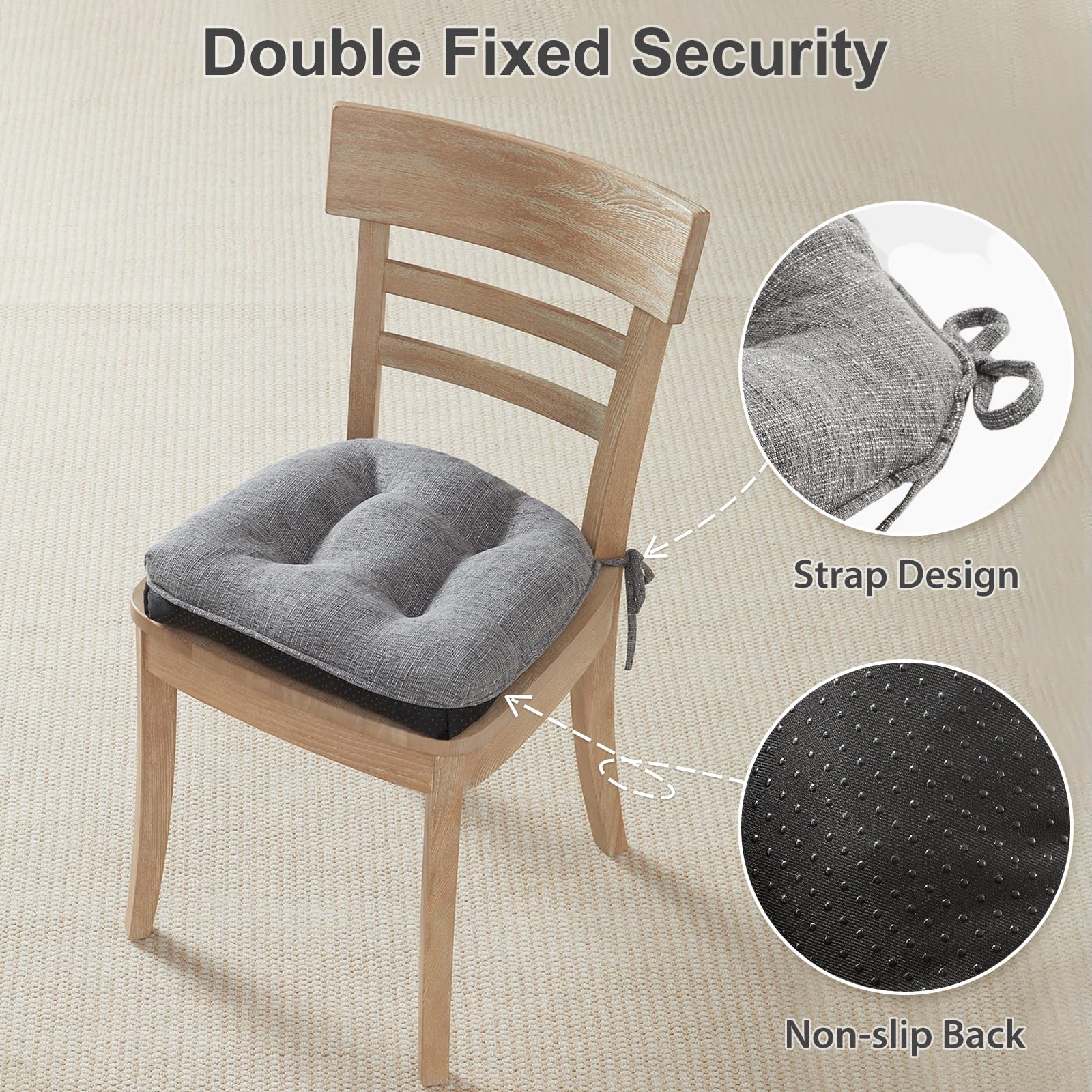 Quilmfoam Chair Cushions for Dining Chairs Set of 4, Kitchen Chair Cushions with Non-Slip Backing, Memory Foam Seat Cushions for Kitchen Chairs, Indoor Chair Pads with Ties, 15.5 x 15.5X 4 Dark Grey